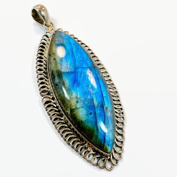 Jewelry - Labradorite Pendant, Sterling Silver, Artisan, Blue,Large Stone, Handcrafted, 3"
